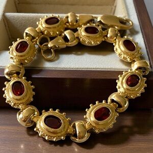 Estate Designer 14k Yellow Gold 4CTW GARNET Cabochon Link Adjustable 8” Bracelet